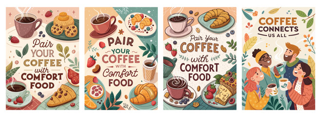 Colorful coffee-themed illustrations promoting comfort food pairings, featuring various pastries and drinks.