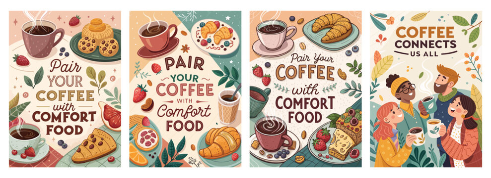Colorful coffee-themed illustrations promoting comfort food pairings, featuring various pastries and drinks.