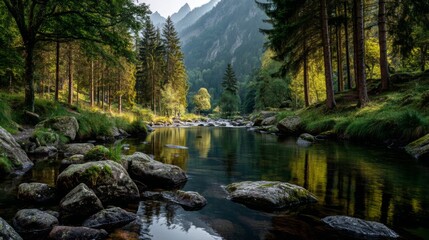 A serene forest scene with a clear river flowing over mossy rocks, surrounded by tall pine trees and lush greenery
