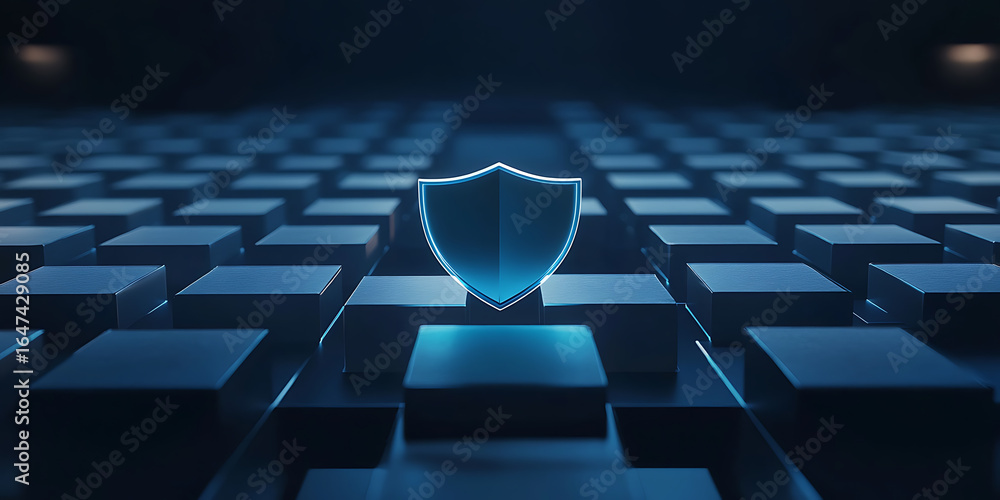 Poster cybersecurity shield glowing over a geometric pattern of cubes in a dark blue color scheme.
