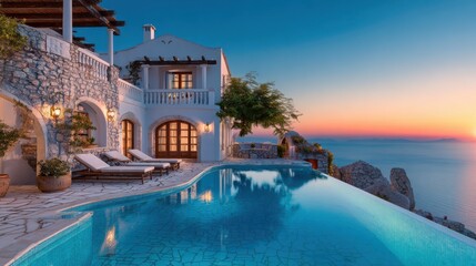 A beautiful villa with an infinity pool is set against the stunning backdrop of the Santorini sunset. The scene captures a serene evening with warm colors reflecting on the water