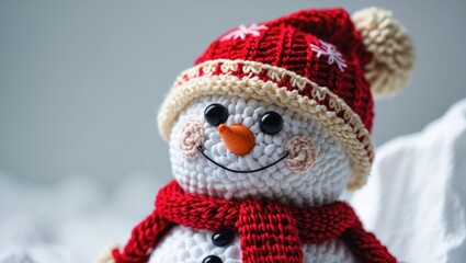 Colorful crochet snowman wearing a red winter hat with white snowflake pattern and a red scarf, smiling; holiday and winter theme.