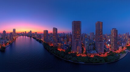 A breathtaking 360-degree panorama of Cyberpunk Night City, rendered in stunning HDRI equirectangular projection 