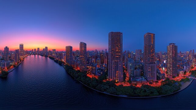 A breathtaking 360-degree panorama of Cyberpunk Night City, rendered in stunning HDRI equirectangular projection 