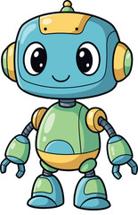 Adorable Blue and Green Cartoon Robot Character with a Friendly Face and Big Eyes, Perfect for Children's Themes