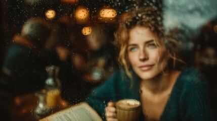 A woman with blue eyes holding a coffee cup and reading a book by a window with raindrops