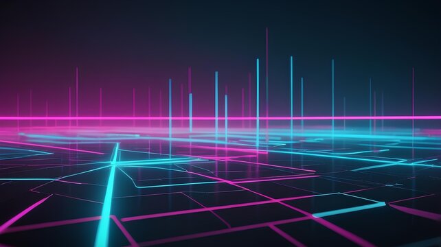 Futuristic Digital Landscape with Glowing Neon Grid and Rising Data Visualizations, Representing Advanced Connectivity and AI Computing Power