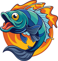Vibrant cartoon fish illustration with open mouth and fins