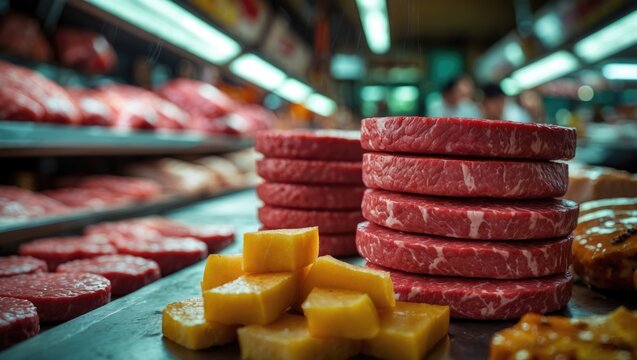 Fresh meat and cheese at a local butcher shop. Food, groceries, and shopping concept. Fresh ingredients and culinary selection. The concept of quality food and meat products.