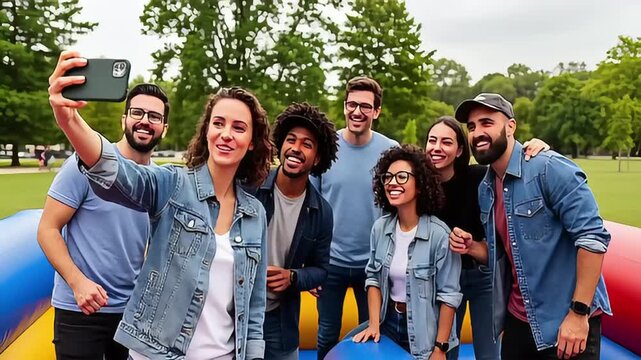 Group of friends joyfully taking a selfie at a vibrant outdoor park with inflatable fun in the background
