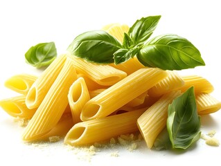 Pasta dish with fresh basil and grated cheese on a white background highlighting Italian cuisine