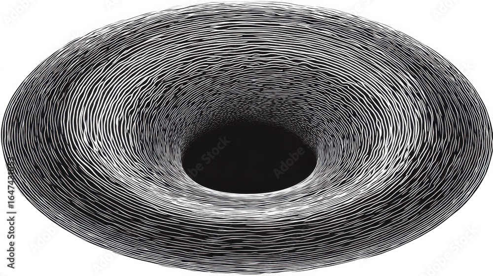Poster a circular, abstract design featuring concentric lines that create the illusion of depth, resembling