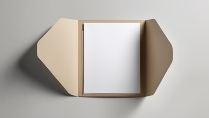 A blank notepad inside an open beige and brown folder with side flaps. Stationery and organization, concept. Office supplies and documentation. The idea of record keeping and paperwork.