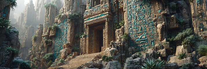 Futuristic drones scanning hieroglyphic walls lit by teal and amber AI light