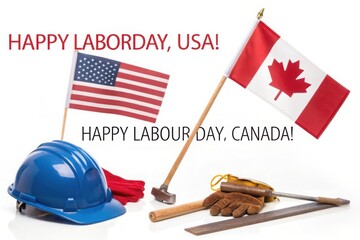 Happy labor day usa and canada with flags and tools