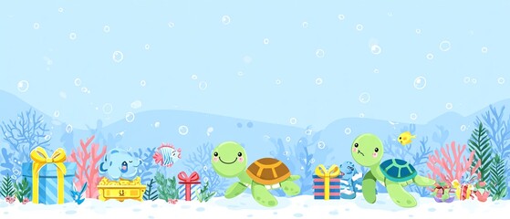SCENA SOTTOMARINA STILIZZATA CON TARTARUGHE SORRIDENTI E OGGETTI FESTIVI