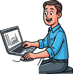 Young businessman working on laptop and computer mouse with financial chart on screen