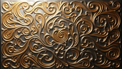 Ornate, embossed design with swirling gold patterns on a metallic surface.