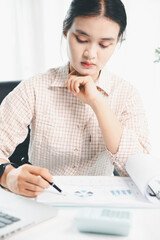 Businesswoman analysis with financial data, marketing business strategy project, Business financing...