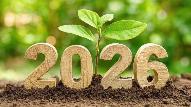 Wooden numbers 2026 with a growing plant symbolizing growth and nature