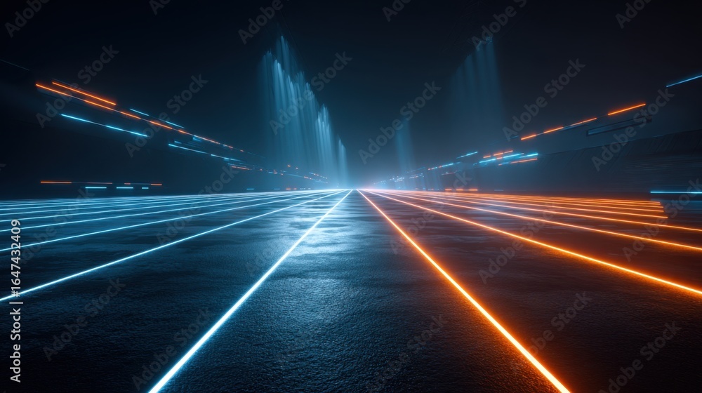 Poster a futuristic scene showing glowing blue and orange lines on a dark surface, creating a sense of dept