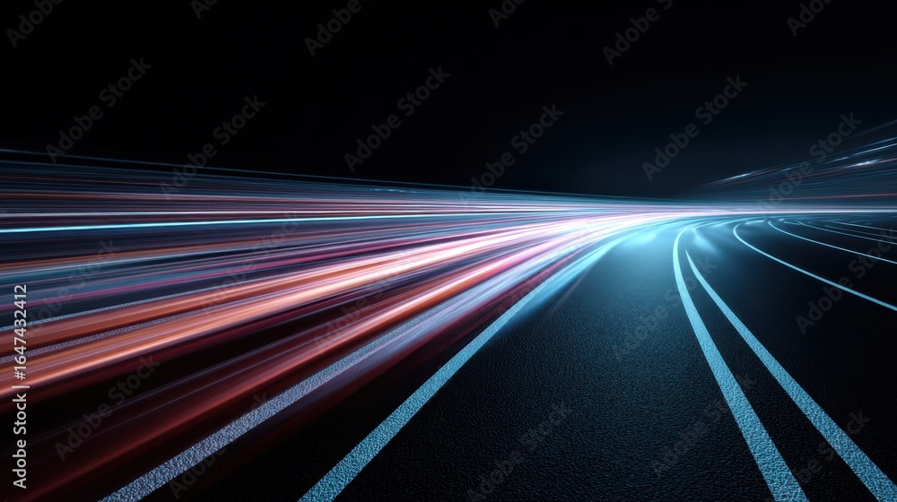 Poster a vibrant display of light trails on a dark road, showcasing movement and speed, creating a dynamic 
