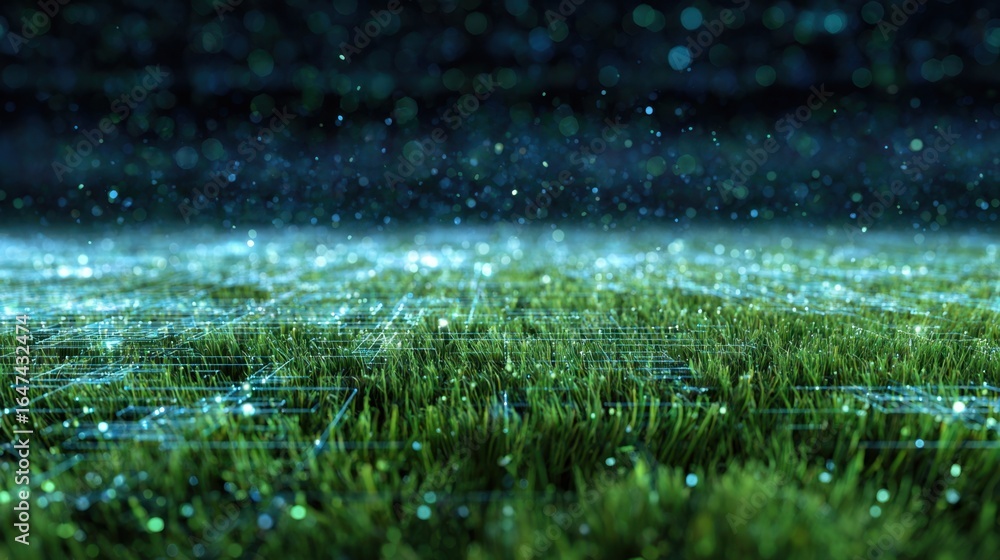 Poster a vibrant, digital representation of grass with glowing particles, creating a futuristic and immersi