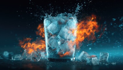 Ice cubes in a glass, surrounded by fire and water splashes