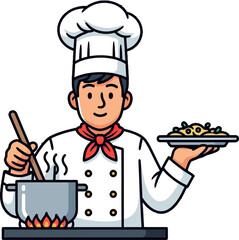 A cheerful cartoon chef, with a warm smile, skillfully stirring a steaming pot while proudly presenting a delicious pasta dish, perfect for culinary themes.