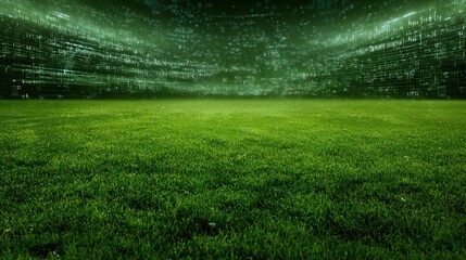 A vibrant green field with a digital overlay, suggesting a fusion of nature and technology, creating a futuristic atmosphere.
