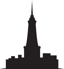 Obraz premium Tall black spire building with surrounding structures white architecture