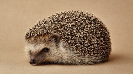 A cute hedgehog curled up, showcasing its spiky fur and small face against a plain background.