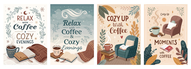 Cozy evening illustrations featuring coffee, books, and inviting armchairs.