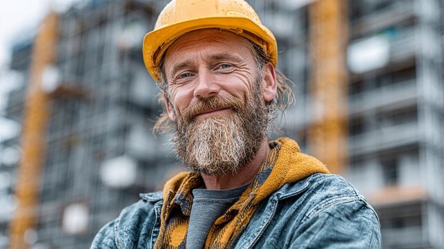 Smiling Construction Worker in Hard Hat at a Busy Work Site