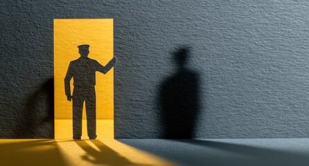 A figure standing at a doorway, with a shadow