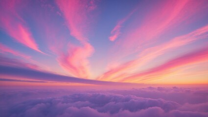 Vivid pink and purple clouds at sunrise or sunset over a sea of clouds. Atmospheric and scenic landscape. Nature and sky. The concept of natural beauty and sky colors