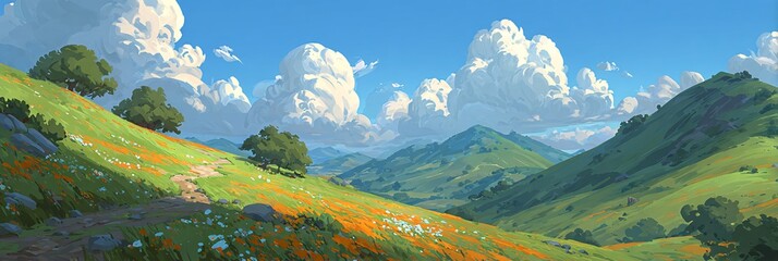 PAESAGGIO DIGITALE CON CAMPO FIORITO E MONTAGNE