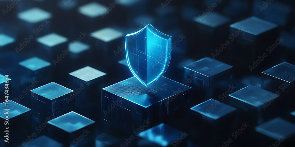 Poster digital shield hovering over cubes on a dark reflective surface represents data protection and netwo
