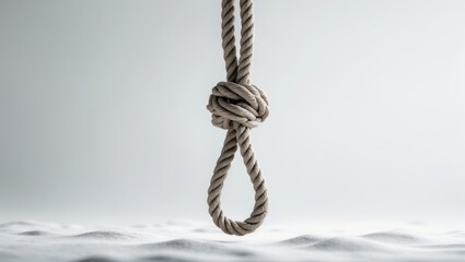 A noose made of rope hanging over water with a plain background.