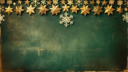 Festive golden stars, snowflakes, and ornaments on a green background, creating a holiday or Christmas theme.