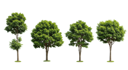 Four distinct deciduous trees with lush green foliage, isolated on a transparent studio infinity background, no shadows. Concept of natural diversity and environmental growth