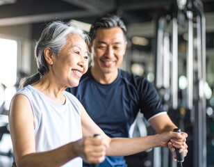 ジムでトレーナーに指導を受けるシニア女性