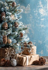 Christmas tree with gifts, rustic style