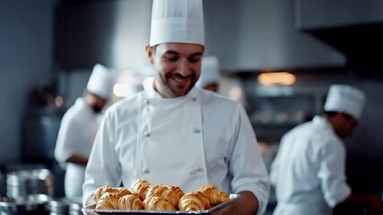 A closeup shot of a chef holding a tray of pastries in a professional kitchen setting. The chef is wearing a white chefs uniform.