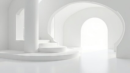 Fototapeta premium Abstract architectural interior design featuring white arches, pillars, and steps.