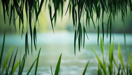 Obraz premium Lush green grass and reeds overhanging a serene water body, creating a natural and peaceful atmosphere.