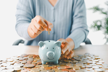 Businesswoman focused on saving money, smart financial planning, using banking, investment strategies to grow business, build wealth, achieve success while contributing to overall economy growth.