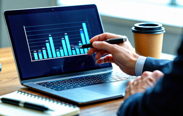 Businessperson Pointing with Pen at Bar Graph on Laptop Screen During Financial Review. Reports & Performance Review