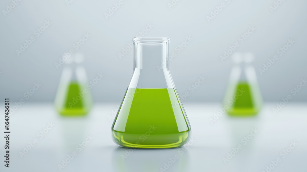 Poster laboratory flasks with green liquid on a reflective surface, creating a scientific atmosphere.
