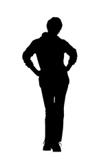 front view of a woman with sportswear witn arms akimbo o white background